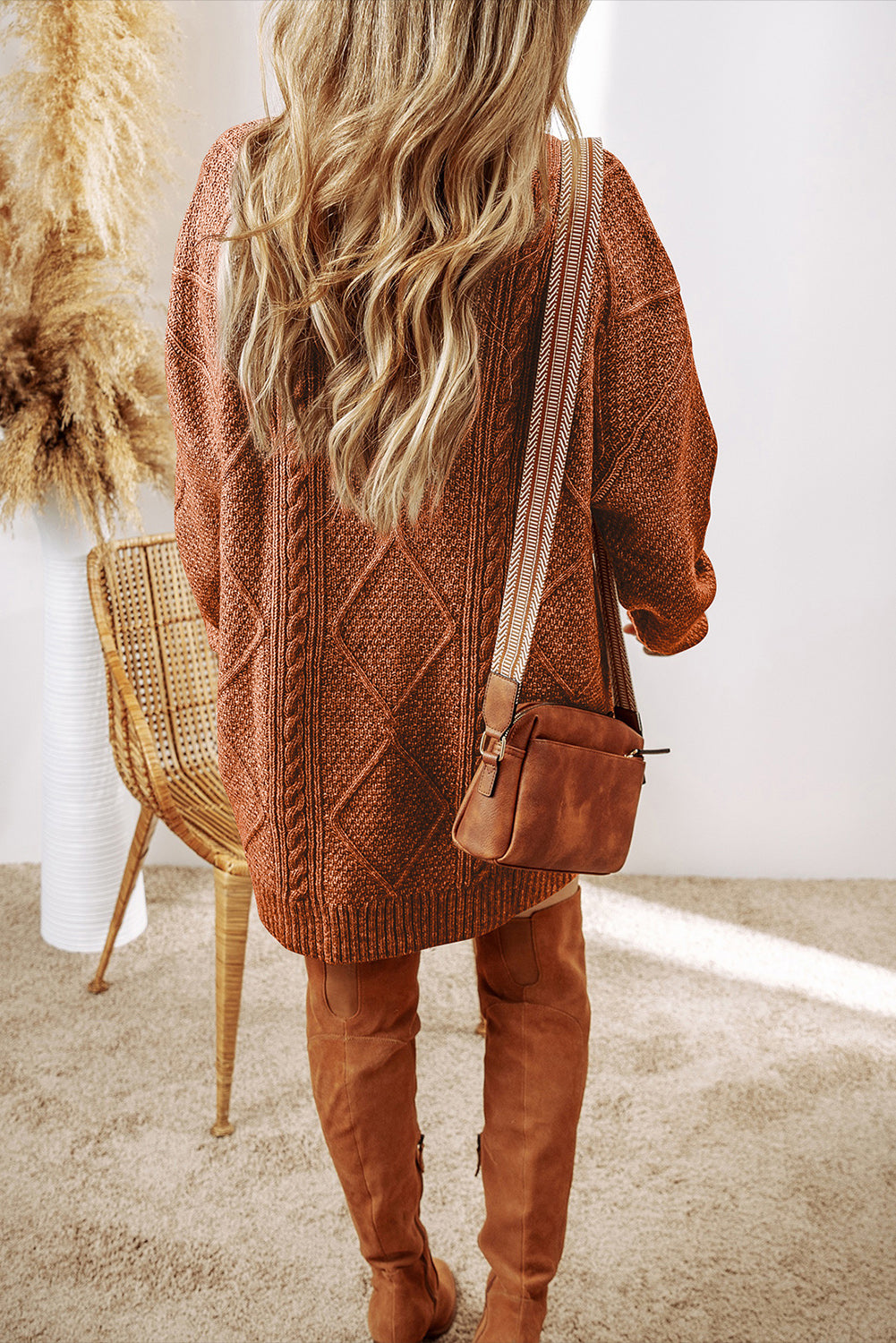 Coffee Cable Knit Drop Shoulder Loose Fit Sweater Dress- Women
