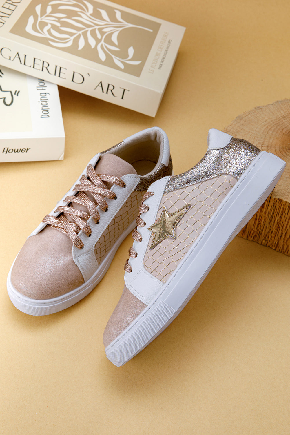 Dearlove Gold Glitter Star Patchwork PU Leather Lace-up Sneakers- Women