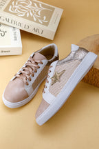 Dearlove Gold Glitter Star Patchwork PU Leather Lace-up Sneakers- Women
