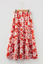 Red High Split Floral Western Cowgirl Maxi Skirt- Women