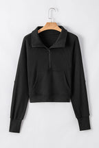 Black Fleece Lined Zip Up Stand Collar Thumbhole Sleeve Sweatshirt- Women