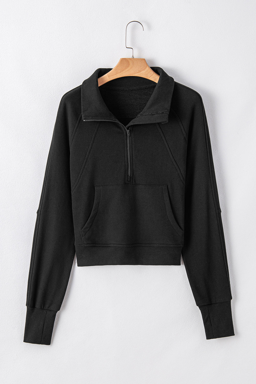 Black Fleece Lined Zip Up Stand Collar Thumbhole Sleeve Sweatshirt- Women