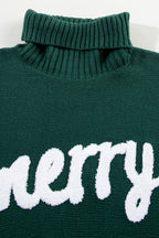 Blackish Green Merry Letter Embroidered High Neck Sweater- Women