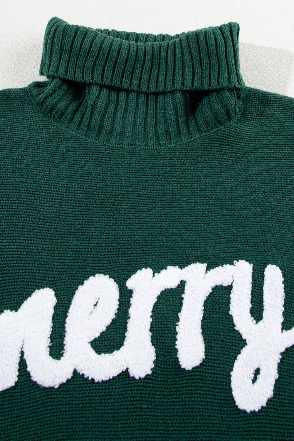 Blackish Green Merry Letter Embroidered High Neck Sweater- Women