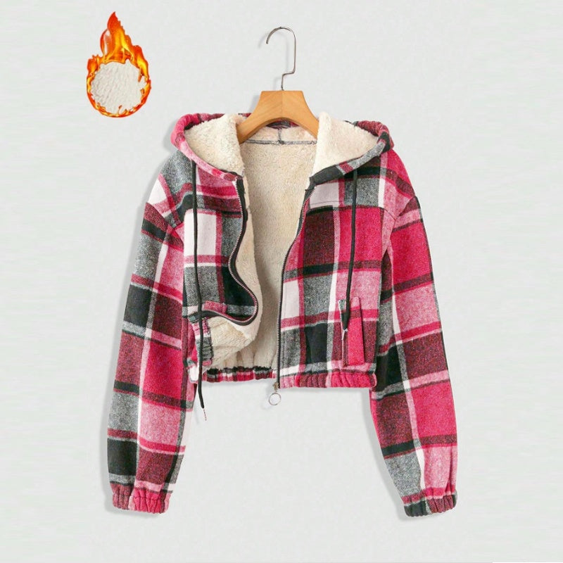 Women's Elegant Plaid Hooded Jacket, Full-Zip Lightweight Coat For Winter Casual Wear Pink
