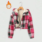 Women's Elegant Plaid Hooded Jacket, Full-Zip Lightweight Coat For Winter Casual Wear Pink