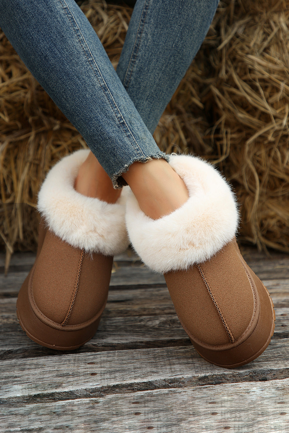 Chestnut Plush Suede Trim Thick Sole Flat Snow Boots- Women