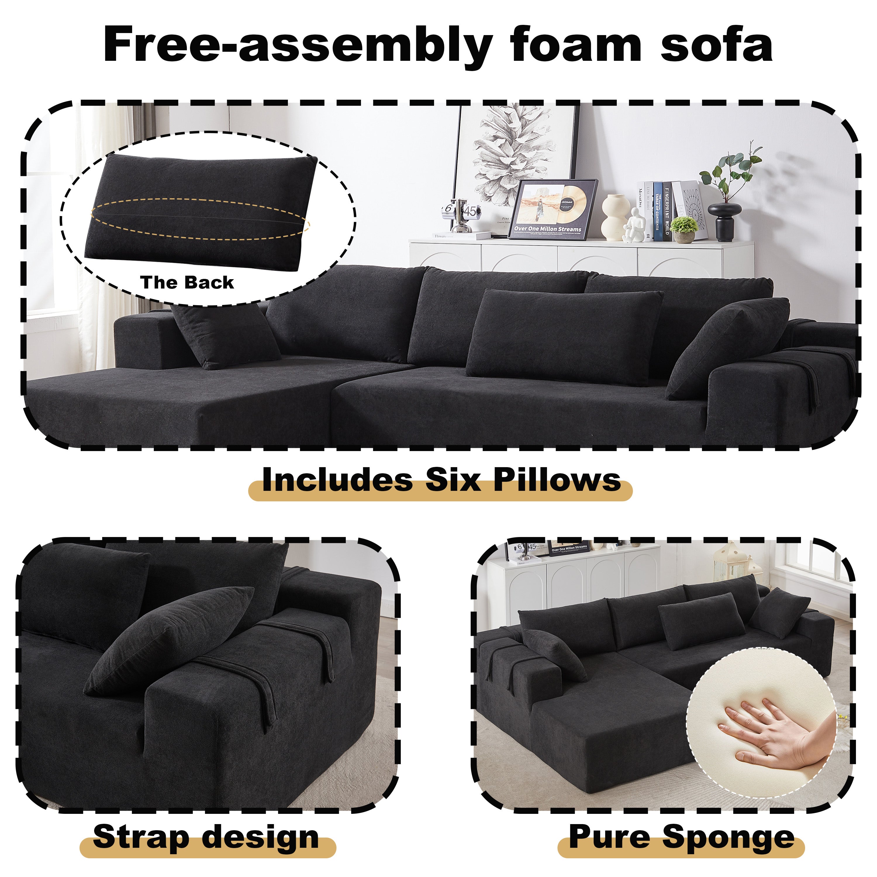 Modern Chenille Upholstered Sectional Sofa Couch Set,Modular 108' L Shaped Sectional Living Room Sofa Set With 6 Pillows,Free Combination Sofa Couch for Living Room,Bedroom(Left Chaise)W834P240009