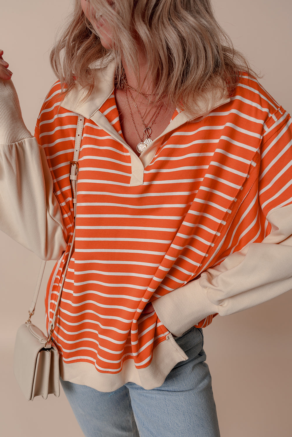 Orange Stripe Color Block Loose Fit Collared Drop Shoulder Sweatshirt- Women