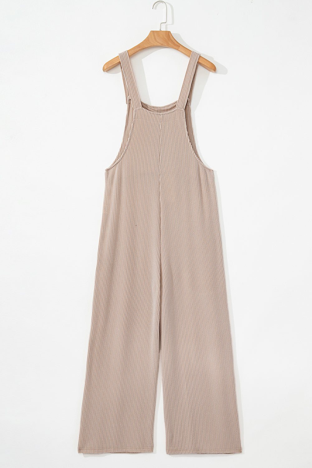 Parchment Ribbed Knit Patched Pocket Wide Leg Overalls- Women