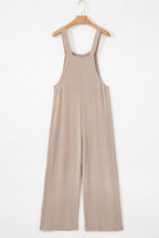 Parchment Ribbed Knit Patched Pocket Wide Leg Overalls- Women