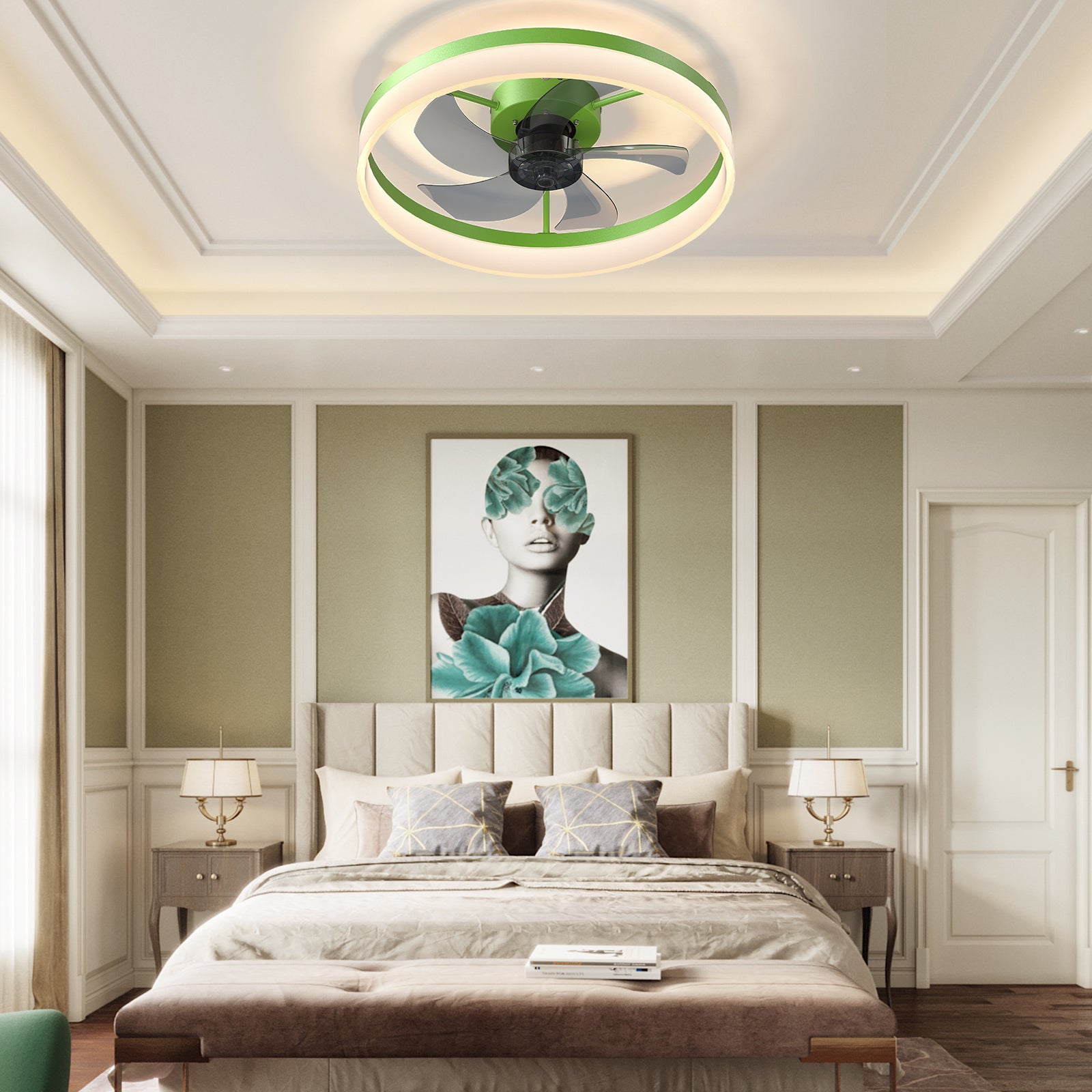 Ceiling Fans with Lights Dimmable LED Embedded installation of thin modern ceiling fans(Green) Default