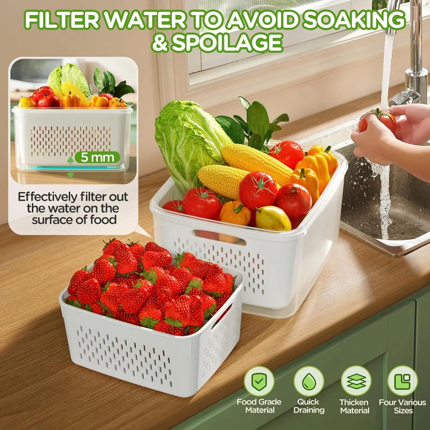 Fruit Storage Containers for Fridge Produce Containers with Removable Fruit Washing Bowl with Strainer for Salad Berry Lettuce