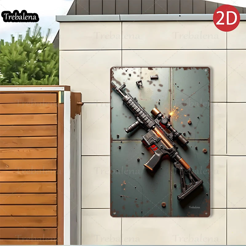 1PC 2D Flat 8*12inch Metal Sign Rustic Military Gun Art Vintage Metal Sign Decor