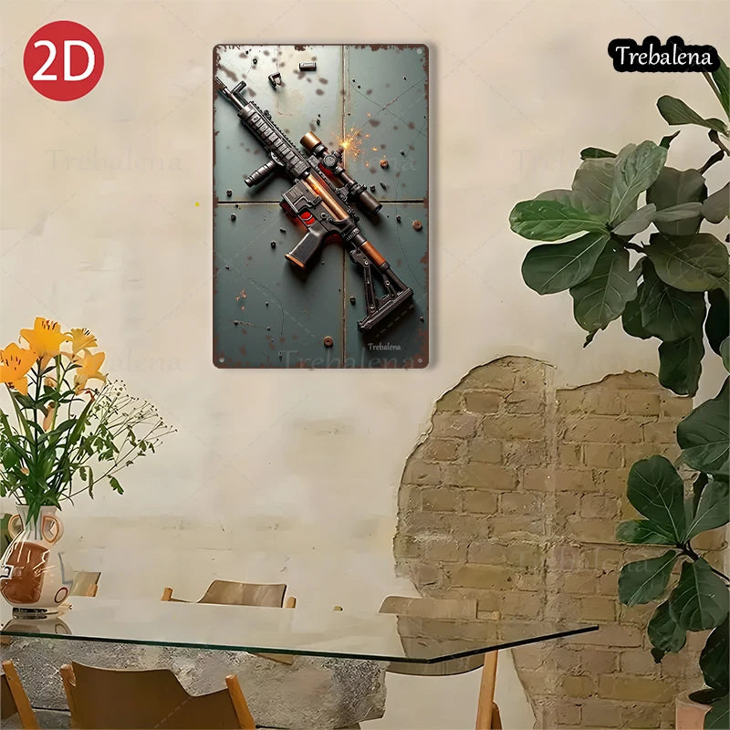 1PC 2D Flat 8*12inch Metal Sign Rustic Military Gun Art Vintage Metal Sign Decor
