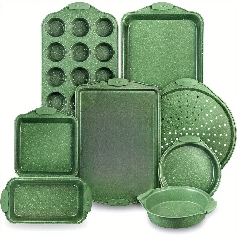 Carbon Steel Baking Pan Set - Nonstick Marble Coating, with Silicone Handles, Kitchen Essentials, Oven Safe, Set of 8