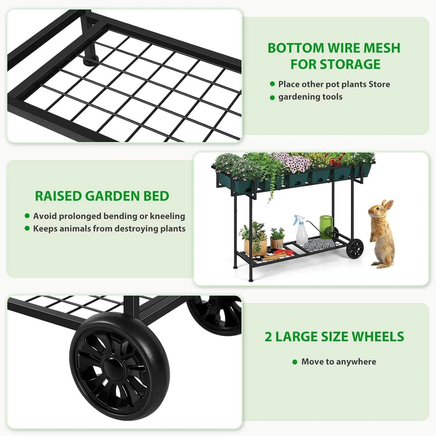 43x17x29 Plastic Garden Bed w/Wheels+Storage | Raised Planter for Vegetables & Flowers | Backyard/Patio/Balcony