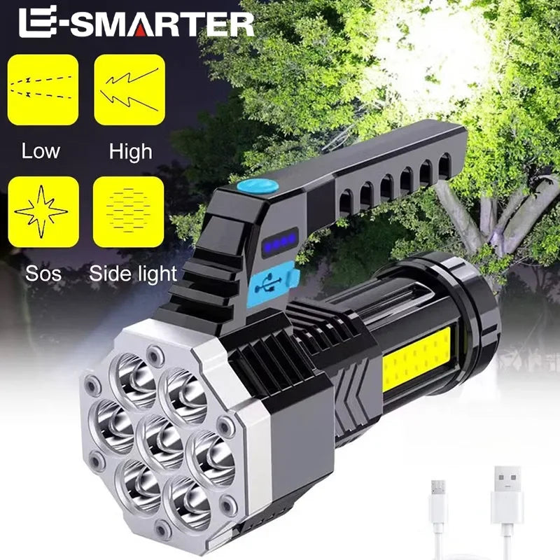 High Power Rechargeable Led Flashlights 7LED Camping Torch With Cob Side Light Lightweight Outdoor Lighting ABS Material