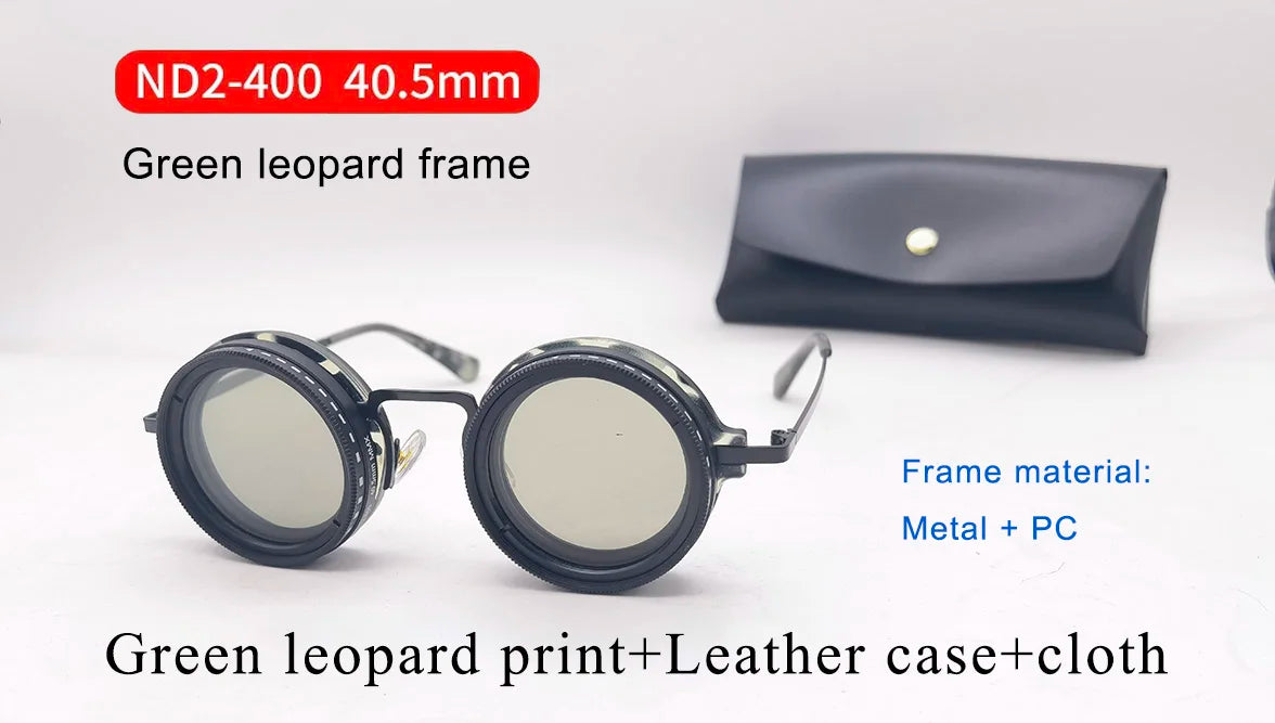 Handmade ND9 adjustable dimming sunglasses Retro Punk round men's outdoor fishing UV400 polarized driving sunglasses for women green Leopard print