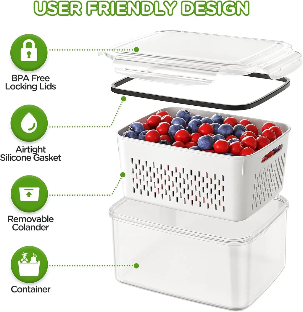 Fruit Storage Containers for Fridge Produce Containers with Removable Fruit Washing Bowl with Strainer for Salad Berry Lettuce