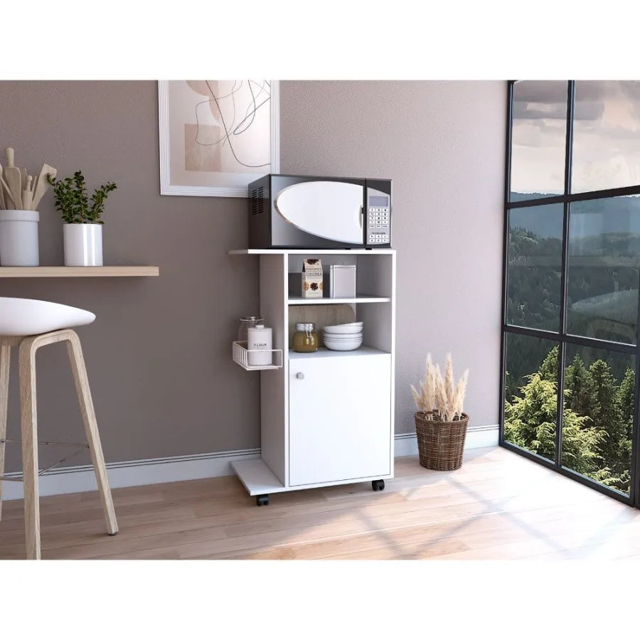 Kitchen Cart Kryot Single Door Cabinet Four Casters White Finish