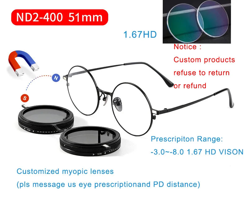 Handmade ND9 adjustable dimming sunglasses Retro Punk round men's outdoor fishing UV400 polarized driving sunglasses for women Magnetic with 1.67HD