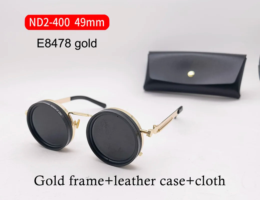 Handmade ND9 adjustable dimming sunglasses Retro Punk round men's outdoor fishing UV400 polarized driving sunglasses for women E8478 gold 49mm