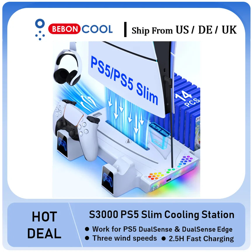 BEBONCOOL S3000 Vertical Stand For PlayStation 5 Slim/PlayStation 5 Cooling Station Notebook-Grade Cooler DualSense Charger GERMANY