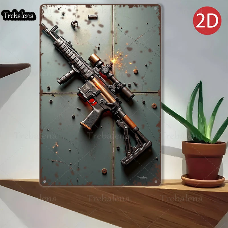 1PC 2D Flat 8*12inch Metal Sign Rustic Military Gun Art Vintage Metal Sign Decor