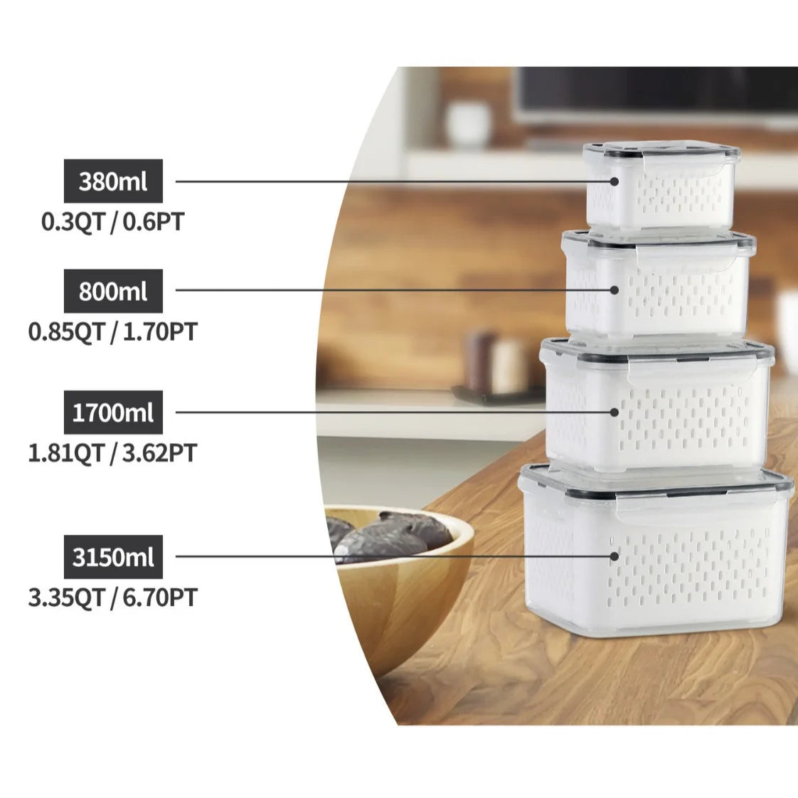 Fruit Storage Containers for Fridge Produce Containers with Removable Fruit Washing Bowl with Strainer for Salad Berry Lettuce 4pcs