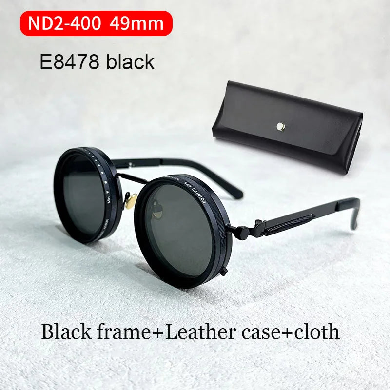 Handmade ND9 adjustable dimming sunglasses Retro Punk round men's outdoor fishing UV400 polarized driving sunglasses for women E8478 black 49mm