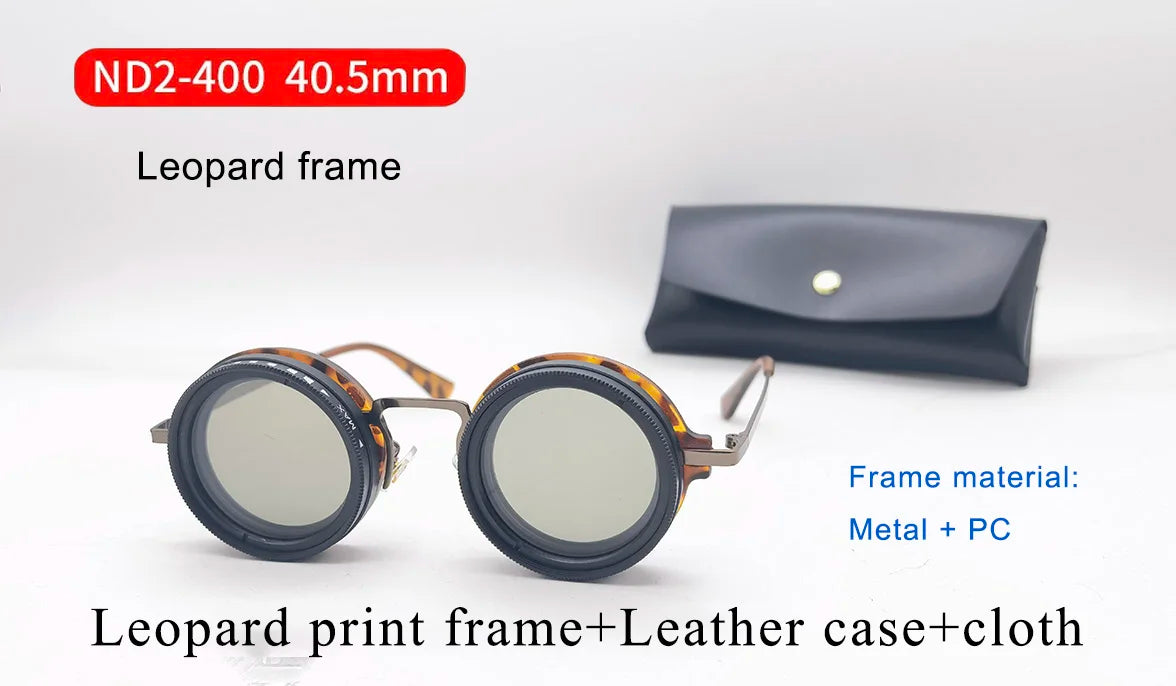 Handmade ND9 adjustable dimming sunglasses Retro Punk round men's outdoor fishing UV400 polarized driving sunglasses for women 62034-Leopard print