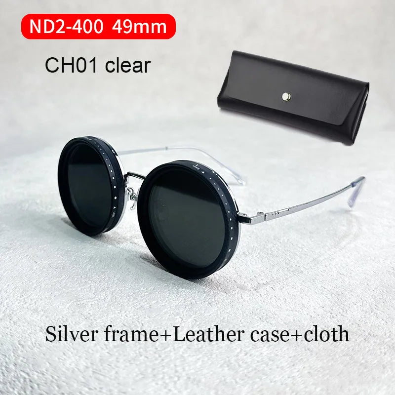 Handmade ND9 adjustable dimming sunglasses Retro Punk round men's outdoor fishing UV400 polarized driving sunglasses for women CH01 Clear 49mm