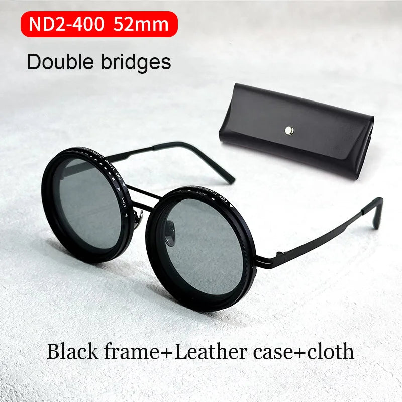 Handmade ND9 adjustable dimming sunglasses Retro Punk round men's outdoor fishing UV400 polarized driving sunglasses for women Double bridges 52mm