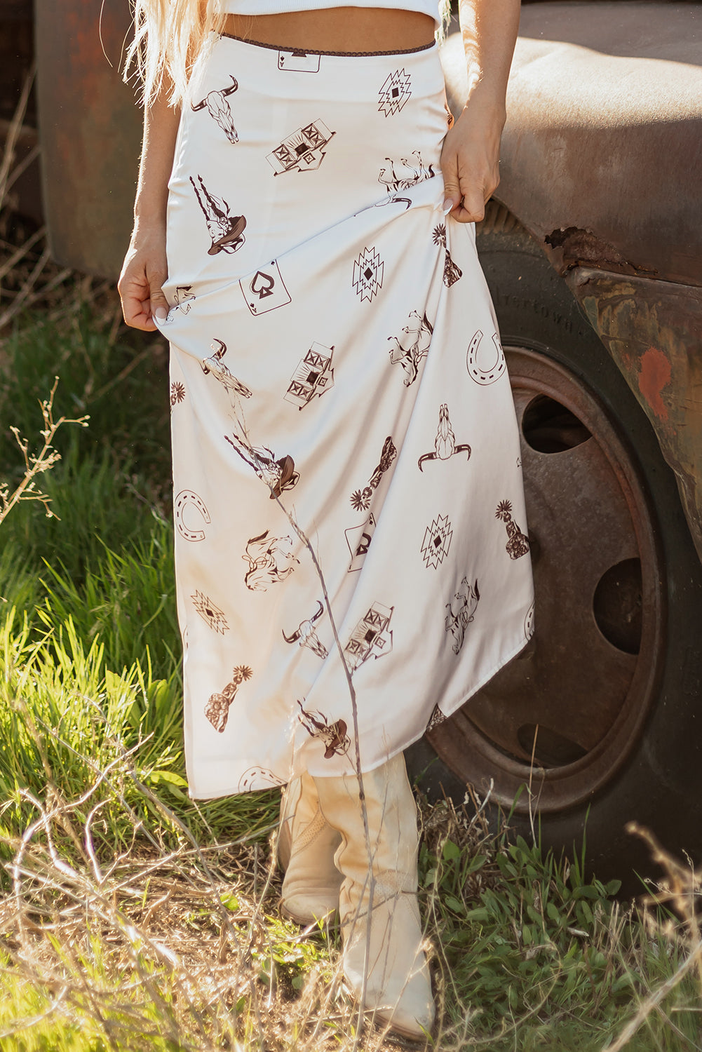 Beige Western Print Satin Long Skirt- Women