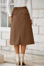 Coffee Front Slit Shift High Waist Midi Skirt- Women