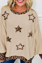 Beige Contrast Leopard Star Patchwork Detail Raw Seam Baggy Sweatshirt- Women