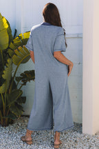 Beau Blue Half Placket Chest Pockets Short Sleeve Wide Leg Jumpsuit- Women