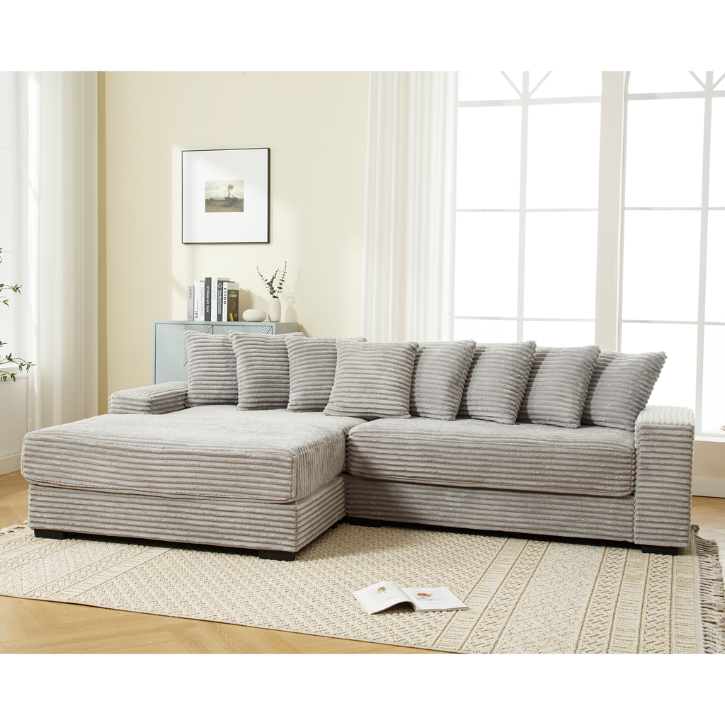 [NEW ARRIVED] [VIDEO PROVIDED] Oversized Two-Piece Couches, L Shaped Sofa, Corduroy, Left Chaise Daybed,with Armrests,Eight Throw Pillows,Corner Sofa,Easy To Assemble, Gray Default