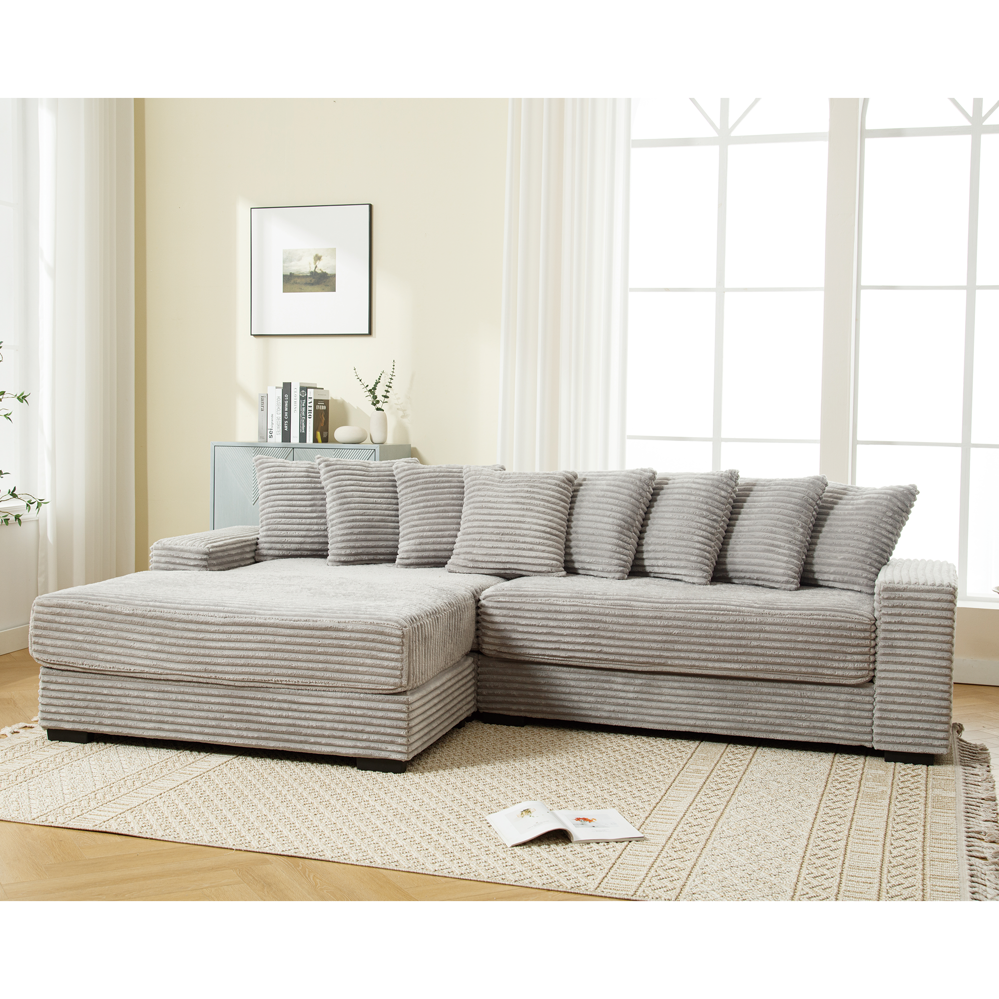 [NEW ARRIVED] [VIDEO PROVIDED] Oversized Two-Piece Couches, L Shaped Sofa, Corduroy, Left Chaise Daybed,with Armrests,Eight Throw Pillows,Corner Sofa,Easy To Assemble, Gray Default
