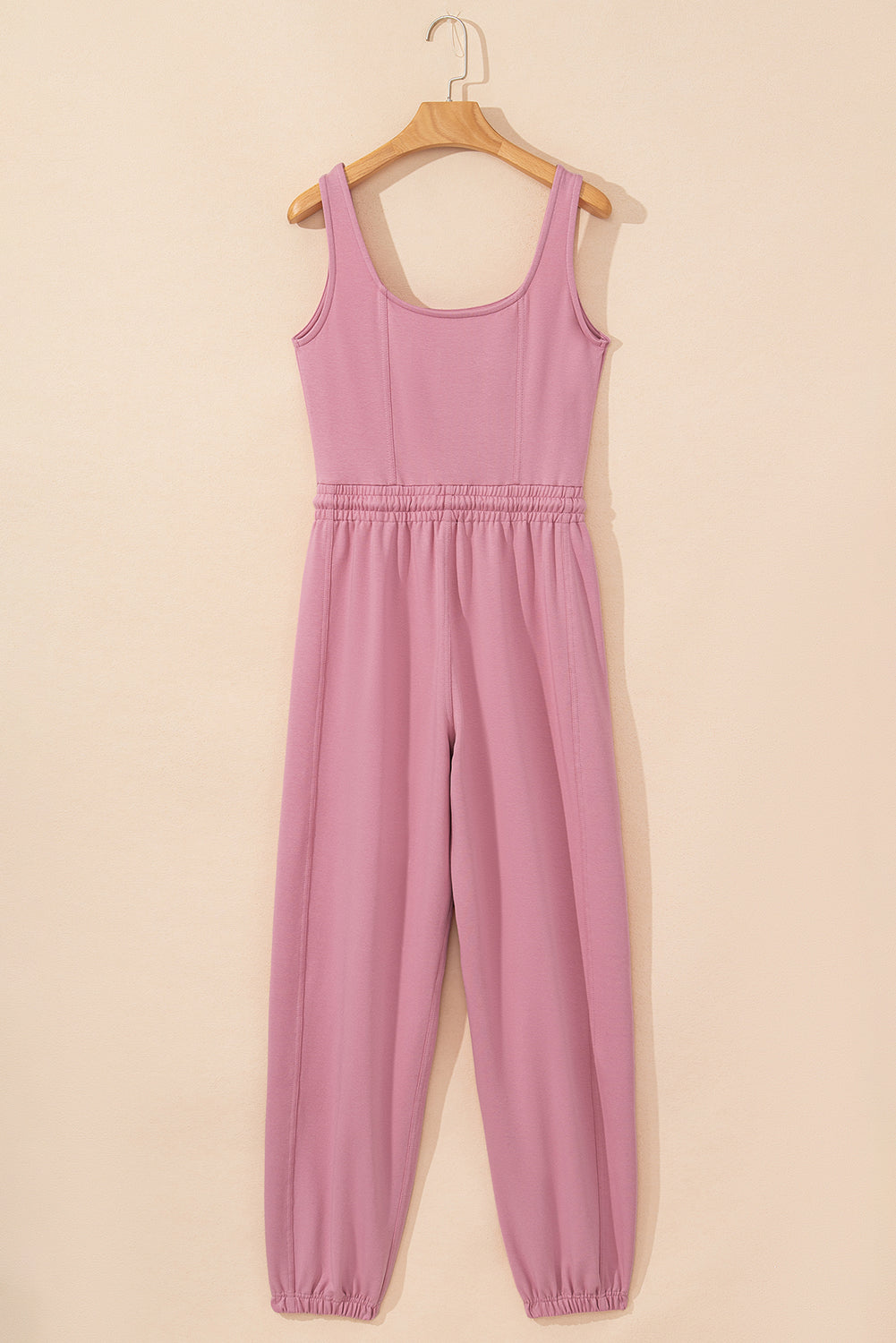 Light Pink Lace-up Elastic Waist Sleeveless Square Neck Jumpsuit- Women