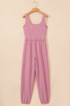 Light Pink Lace-up Elastic Waist Sleeveless Square Neck Jumpsuit- Women