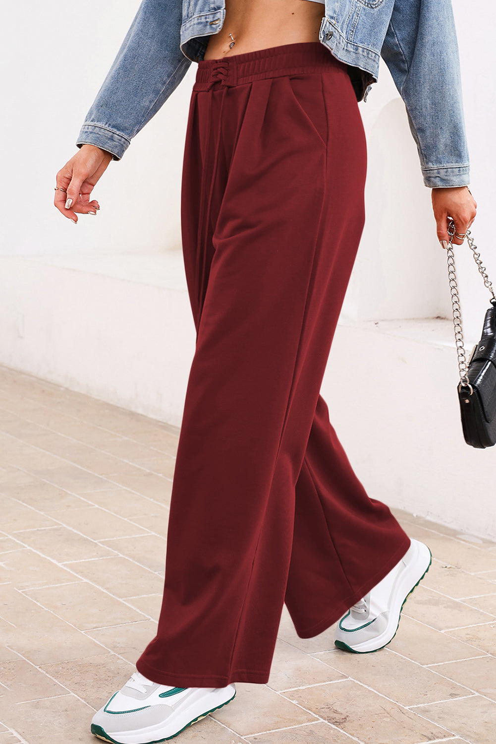 Burgundy Tied Elastic High Waist Pleated Detail Solid Sweatpants- Women