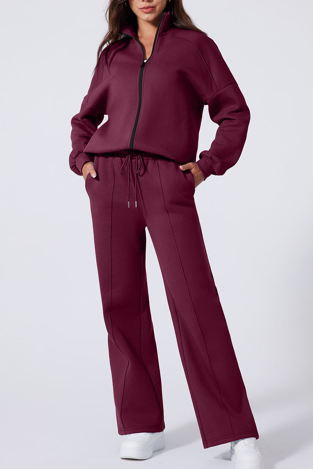 Burgundy Drop Shoulder Zip Up Jacket Drawstring Pants Active 2pcs Set- Women Burgundy 50%Polyester+50%Cotton