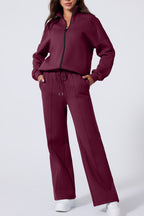 Burgundy Drop Shoulder Zip Up Jacket Drawstring Pants Active 2pcs Set- Women Burgundy 50%Polyester+50%Cotton