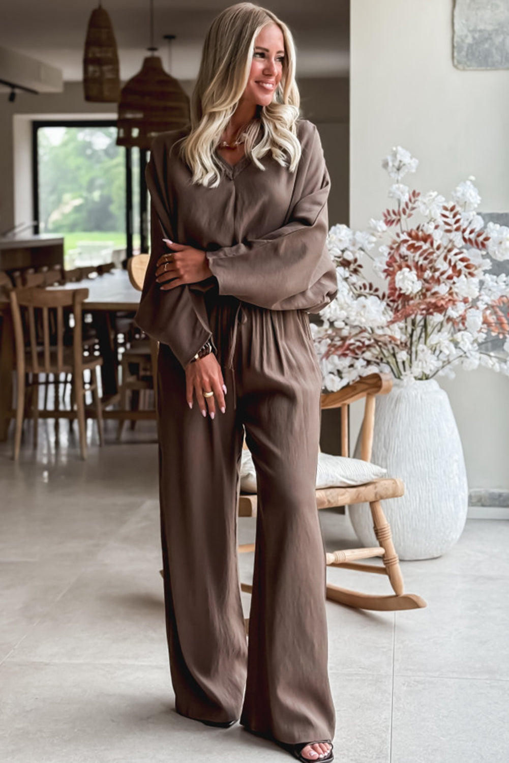 Dark Brown Braided V Neck Long Sleeve Loose Top and Drawstring High Waist Pants 2pcs Outfit- Women
