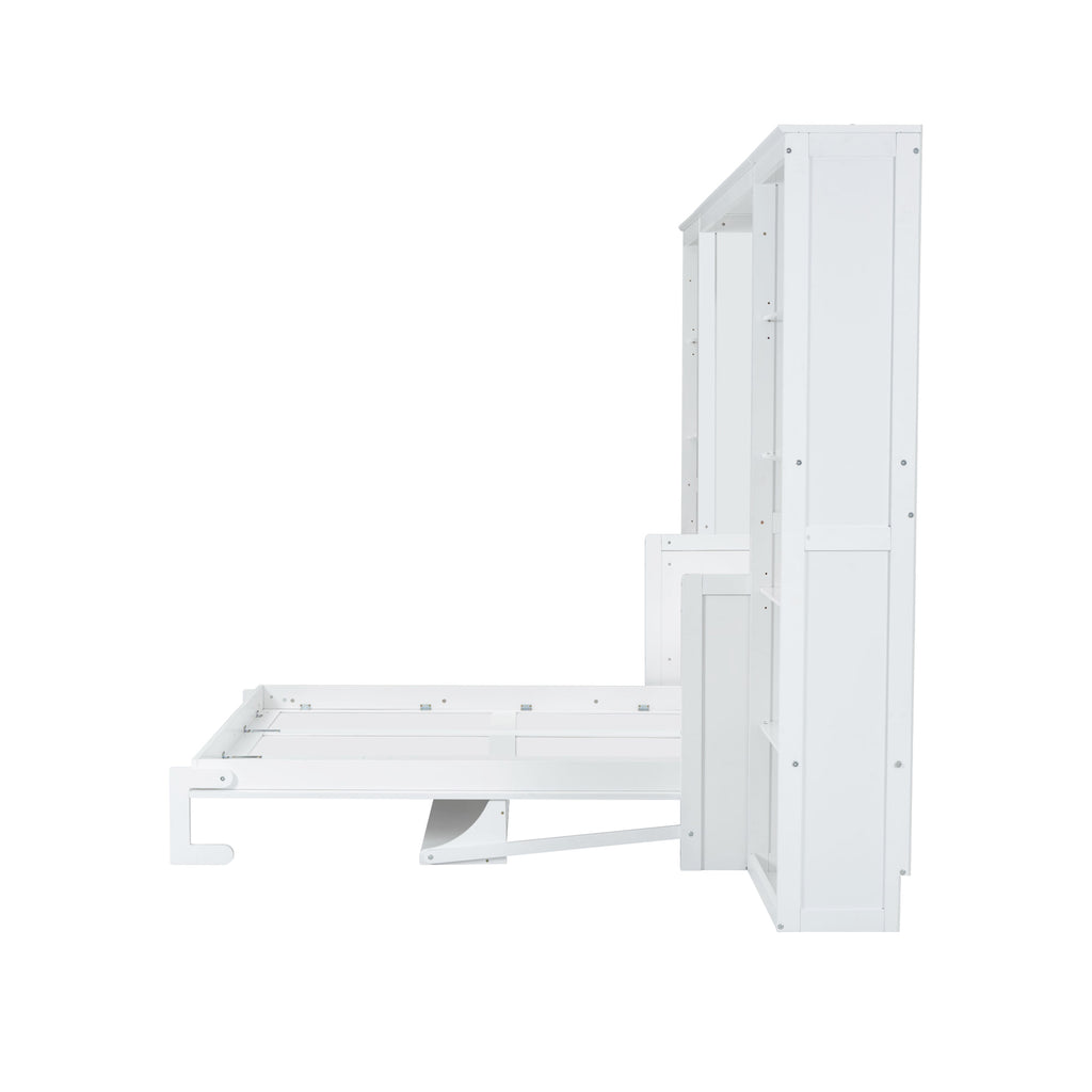 White Full Size Murphy Bed with Desk and Bookshelf, Pine Wood+MDF, 110.3''L x 79.8''W x 82''H