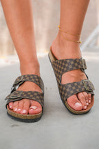 Coffee Geometric Print Cut Out Buckle PU Leather Flat Slippers- Women