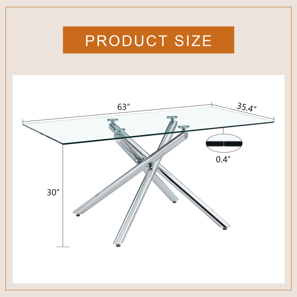 Large Modern Minimalist Rectangular Glass Dining Table with 0.39' Tempered Glass Tabletop and Silver Chrome Metal Legs, for Kitchen Dining Living Meeting Room Banquet hall,63''x35''x 29''W1151S00191