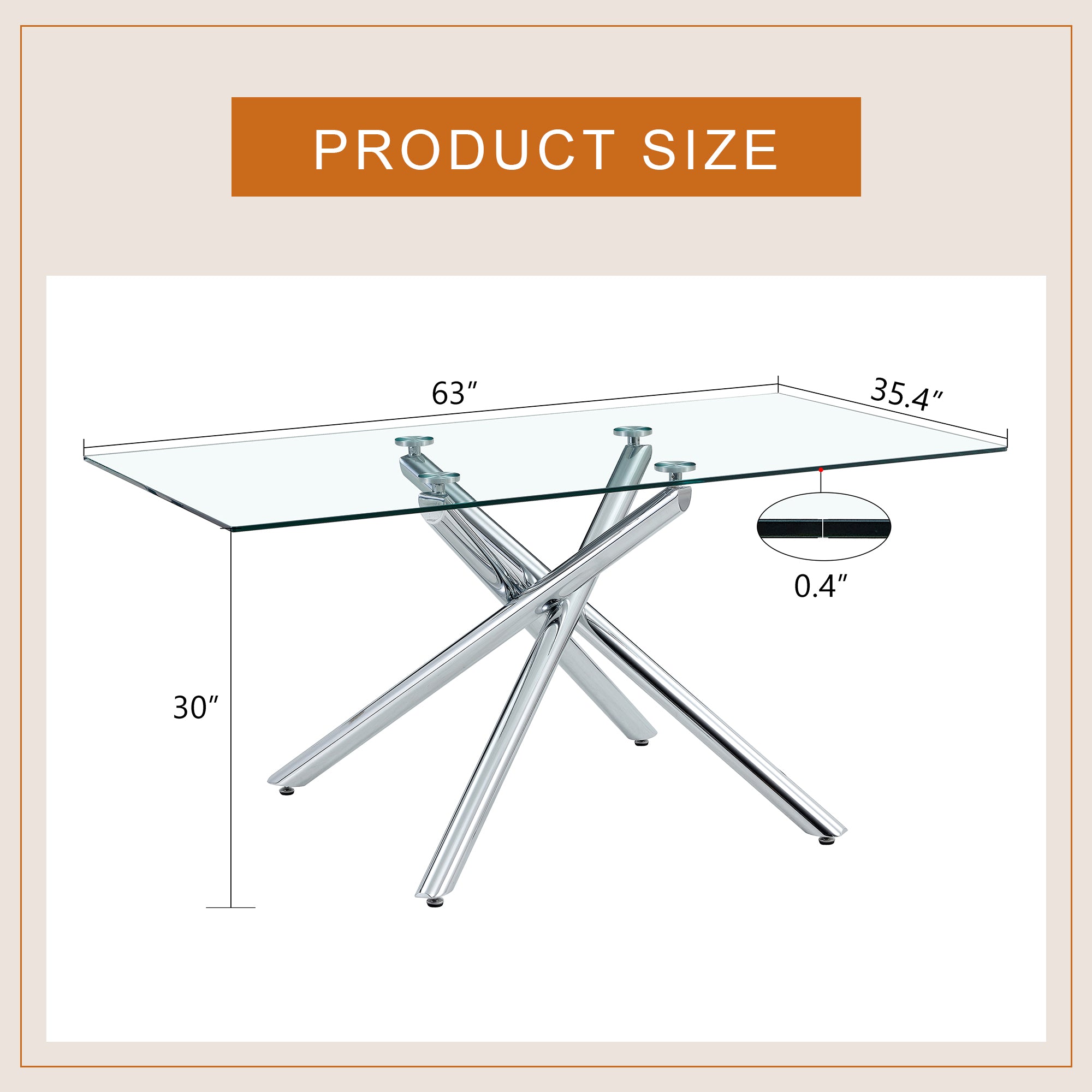 Large Modern Minimalist Rectangular Glass Dining Table with 0.39' Tempered Glass Tabletop and Silver Chrome Metal Legs, for Kitchen Dining Living Meeting Room Banquet hall,63''x35''x 29''W1151S00191